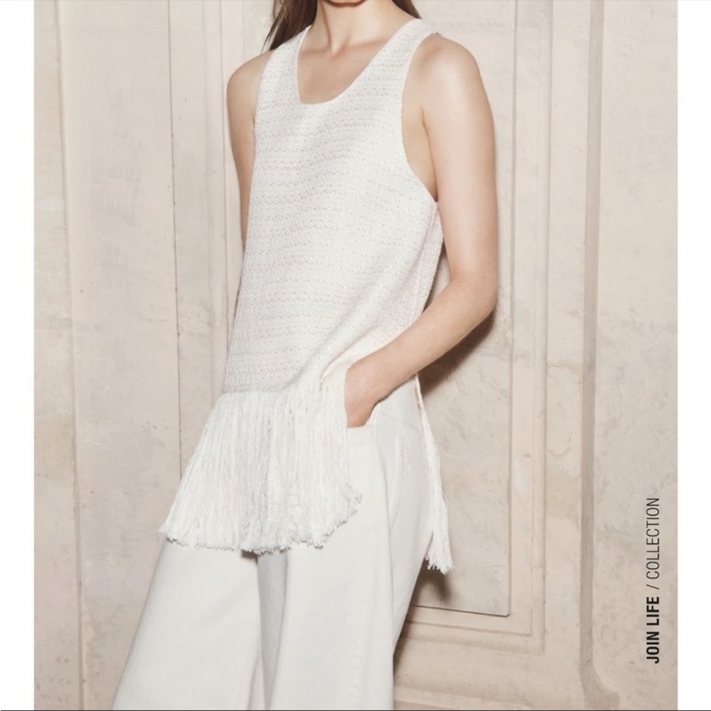 NWT Zara Textured Cream Top with Fringe Bottom